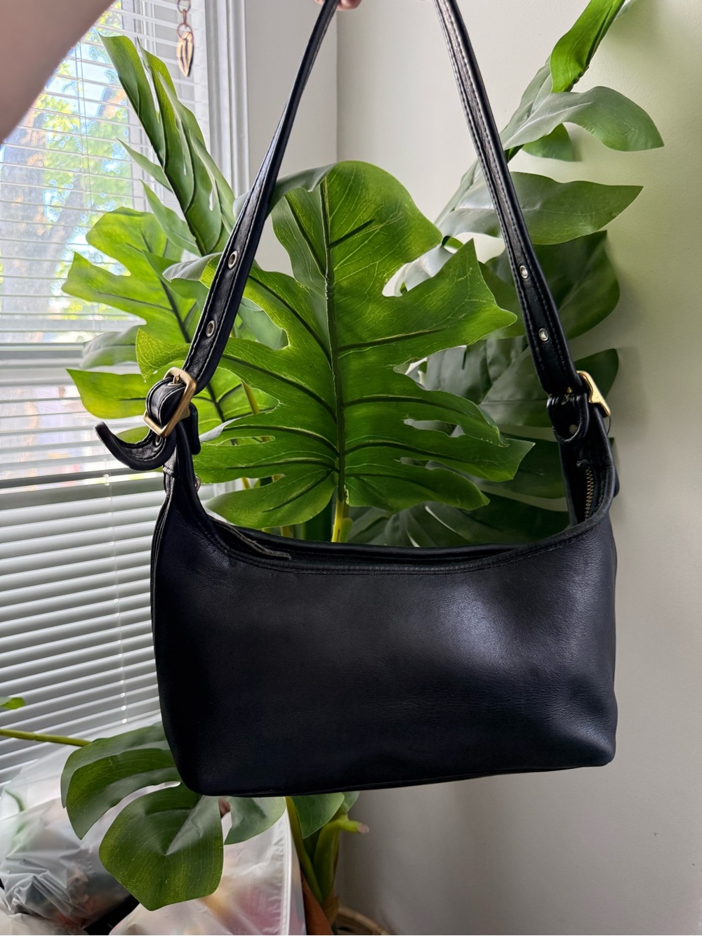 Coach Black Leather Shoulder Bag with Gold-Tone Hardware